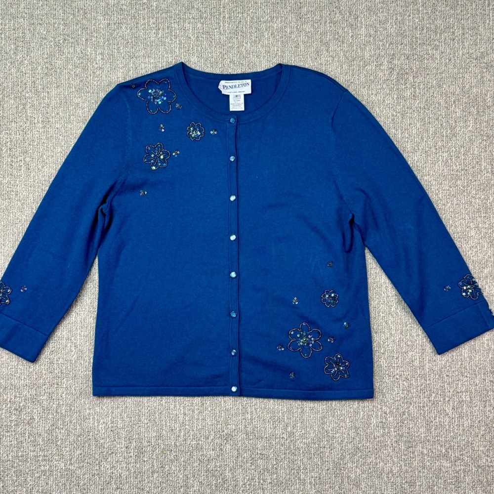 Pendleton Silk Cashmere‎ Cardigan Sweater M Blue Beaded Floral Button Front
